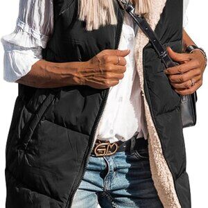 Fall Long Puffer Vest Women Sleeveless Hooded Reversible Fleece Sherpa Jacket Zi